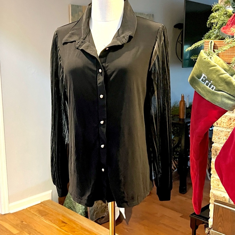 Perseption Concept,Black Button Blouse Pleated Sheer Mesh Sleeved Top, Size L - Picture 3 of 11